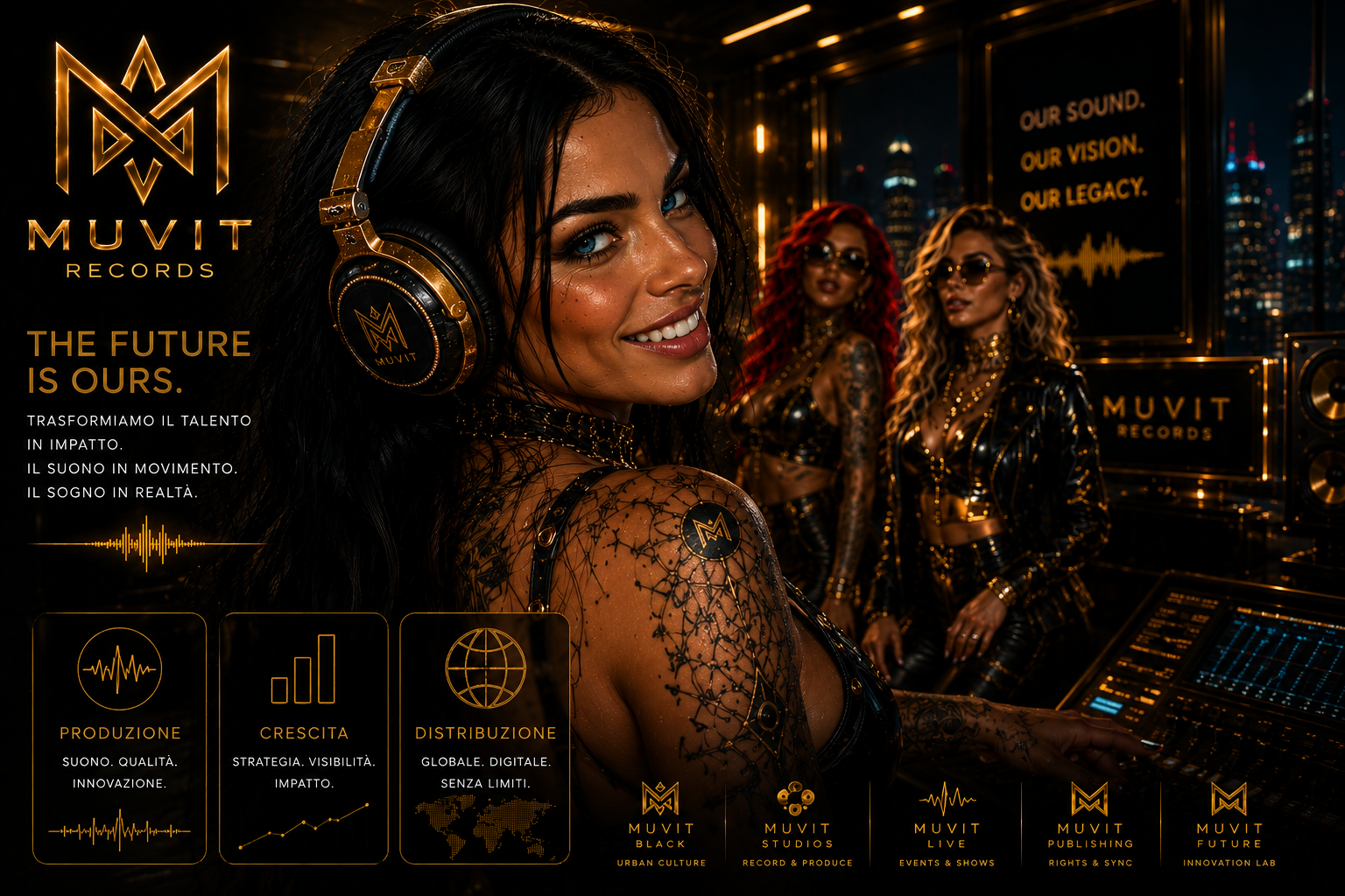 MUVIT Records | The Future Is Ours Figure cyber-glam all’interno degli studi futuristici MUVIT Records in un’atmosfera musicale cinematica e immersiva.