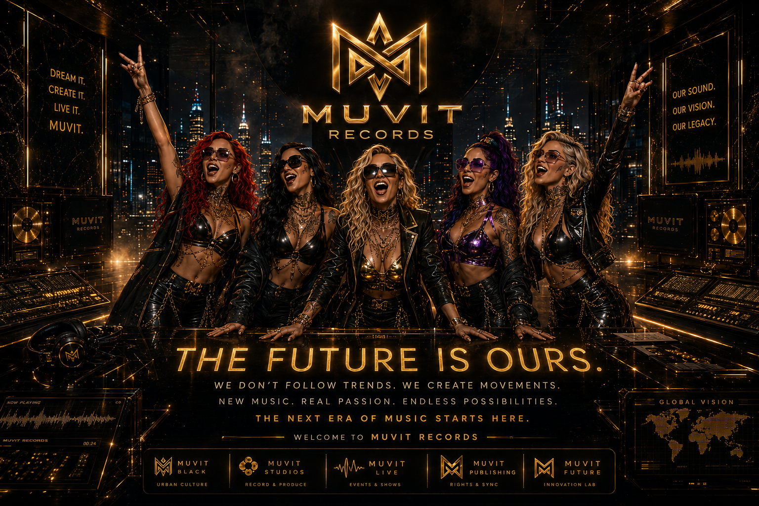 MUVIT Records | The Future Is Ours Figure cyber-glam all’interno degli studi futuristici MUVIT Records in un’atmosfera musicale cinematica e immersiva.