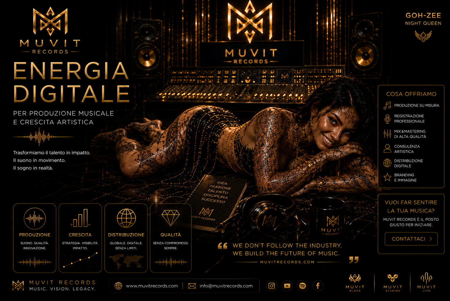 MUVIT Records | Welcome to the Future Sound Figure cyber-futuristiche attraversano gli studi MUVIT Records in un ambiente musicale cinematico e immersivo.