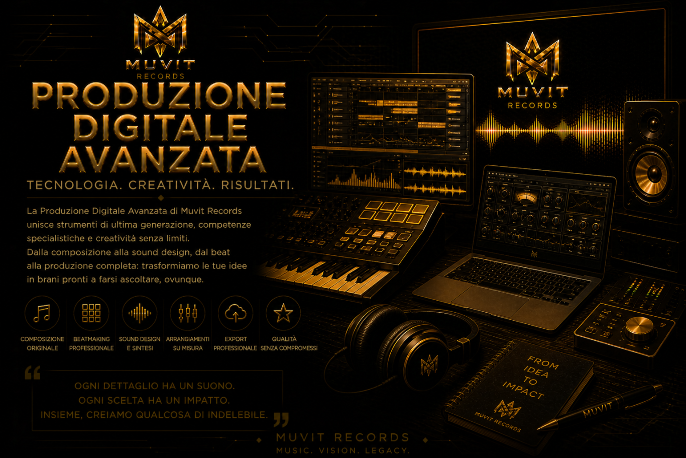 Produzione Digitale Avanzata – Innovazione Audio Muvit Records Produzione digitale avanzata Muvit Records in studio high-tech: workstation professionali, software DAW e strumenti virtuali