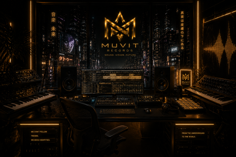 MUVIT Records Cinematic Sound Environment Ambiente sonoro cinematico MUVIT Records con atmosfera futuristica e identità musicale immersiva.