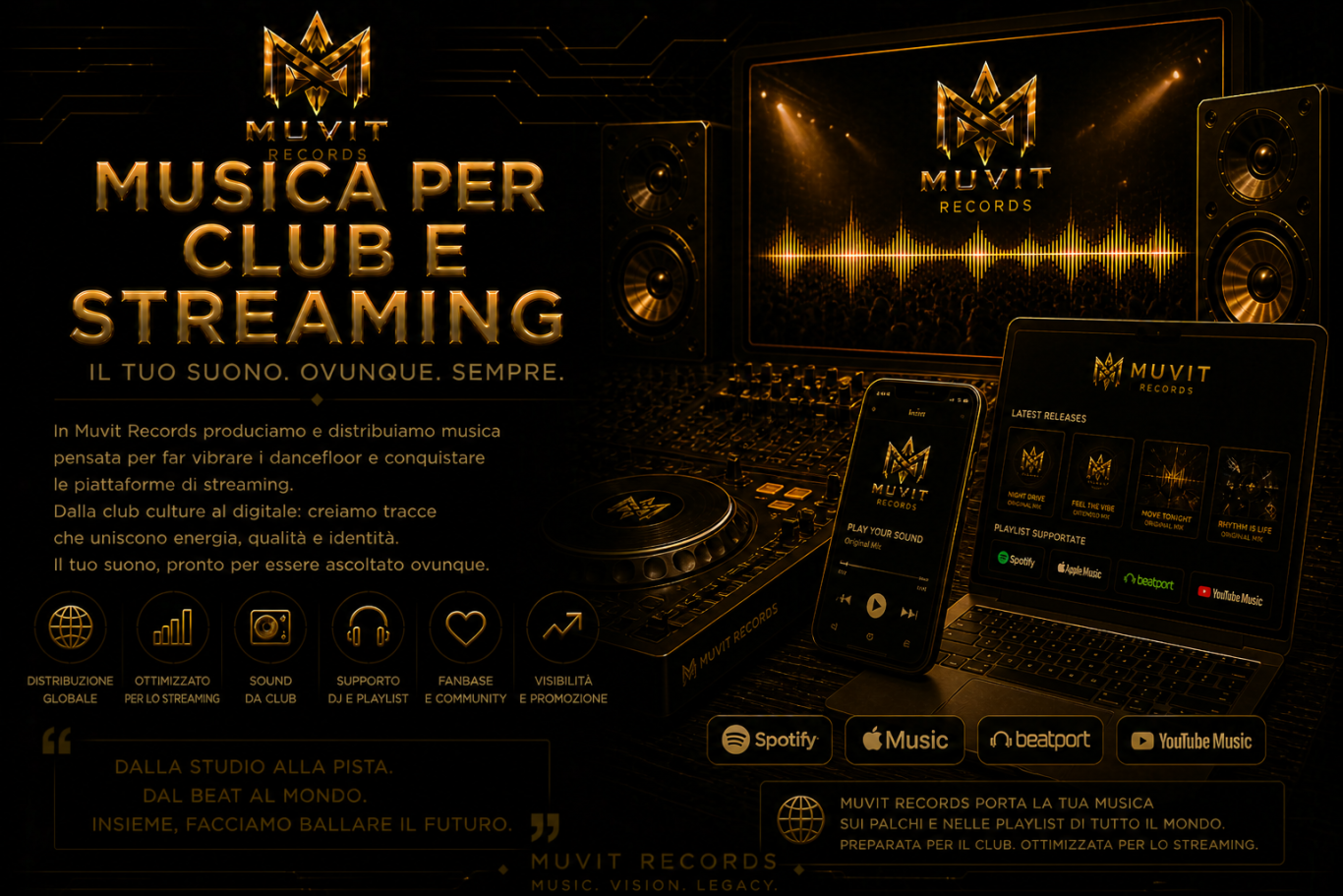 Cinematic Club Sound Architecture | MUVIT Records Produzioni EDM, Pop e Latin MUVIT Records sviluppate in un ambiente sonoro cinematico e futuristico dedicato a club culture e identità immer