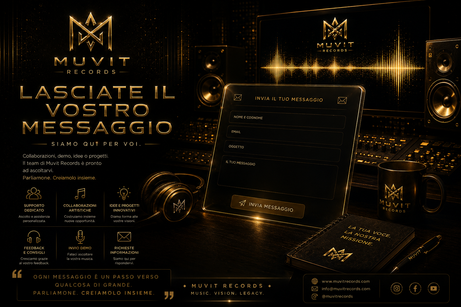 Enter the MUVIT Creative Environment Ambiente creativo MUVIT Records dedicato a produzione musicale cinematica e sviluppo artistico immersivo.