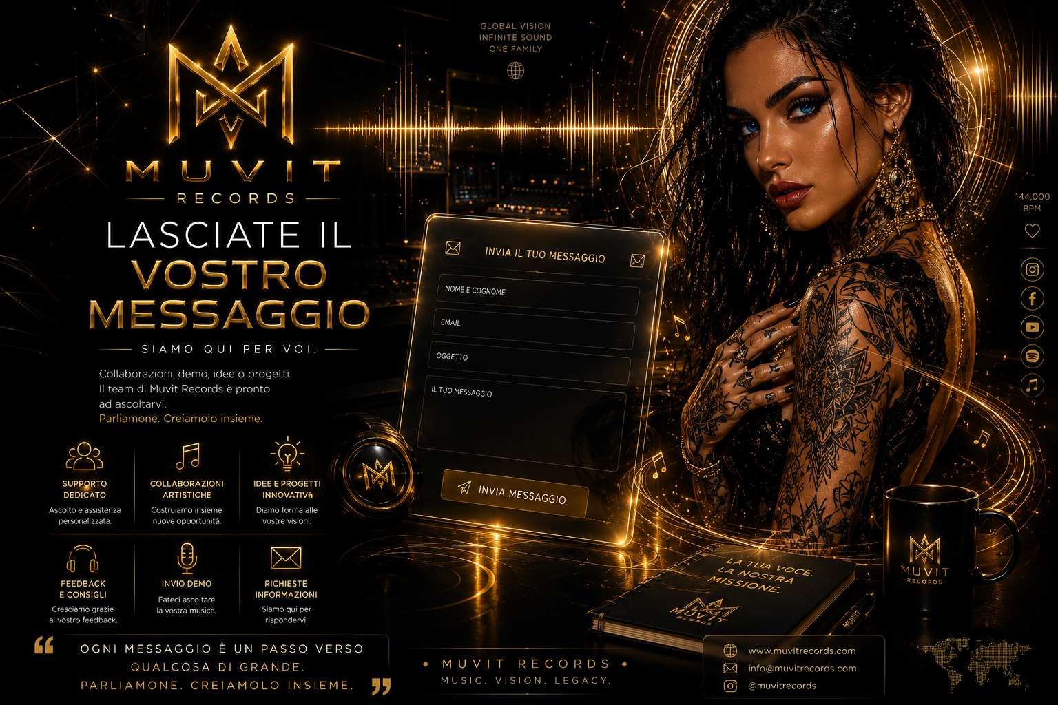 Enter the MUVIT Creative Environment Ambiente creativo MUVIT Records dedicato a produzione musicale cinematica e sviluppo artistico immersivo.
